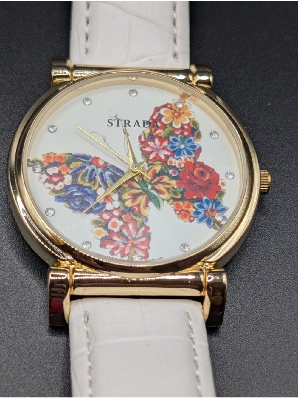 Strada Butterfly Flower Watch NWOT Gold-tone & Faux Leather Band Boho Y2K Summer